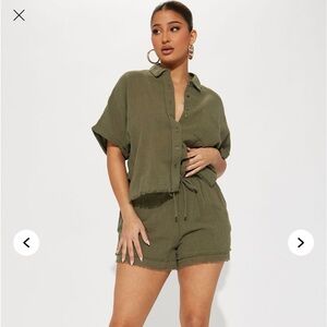 Olive Green Button-Up Shirt and Shorts Set